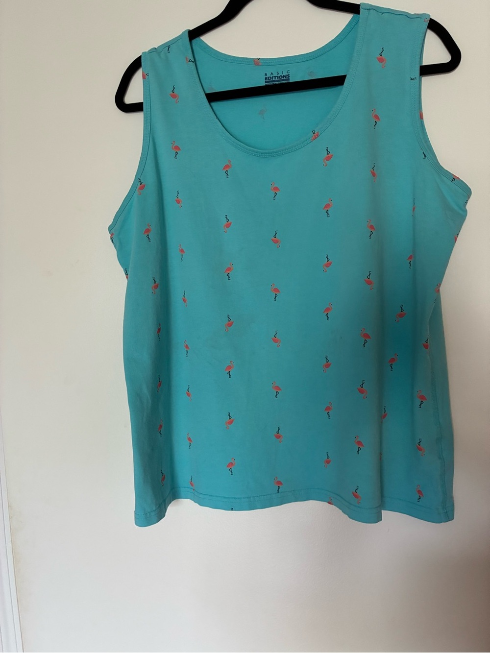 Basic Editions Teal Tank Top with Pink Flamingo Print